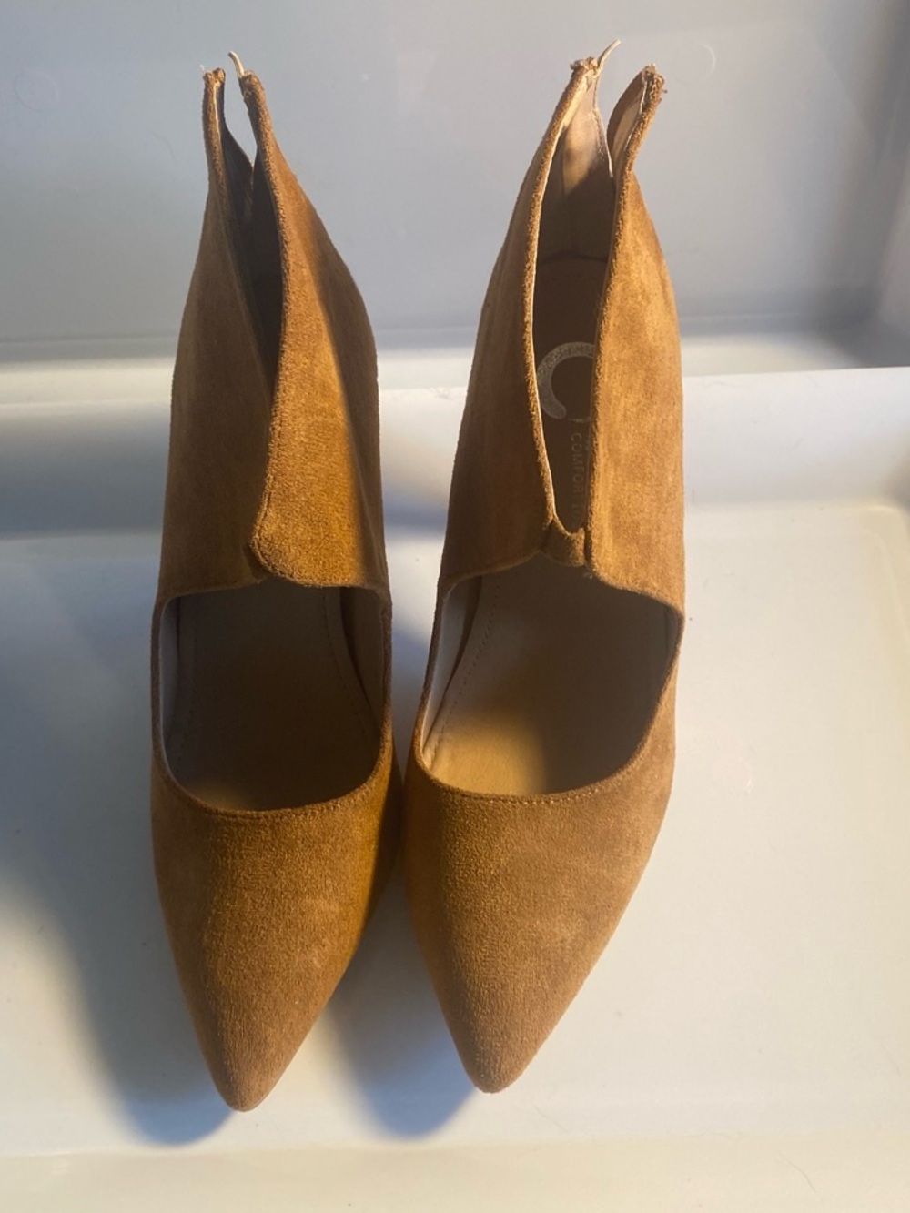 Pointed-Toe Suede Heels in Camel